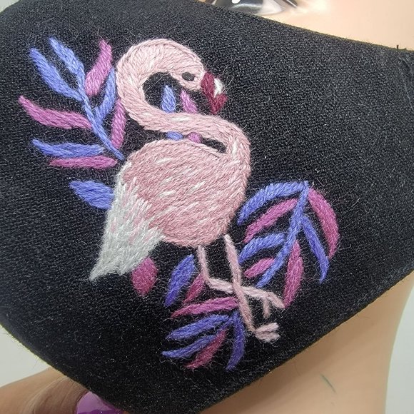 New Face cover ear loop black Mask Women's Embroidered handmade Pink Flemish - Picture 1 of 6